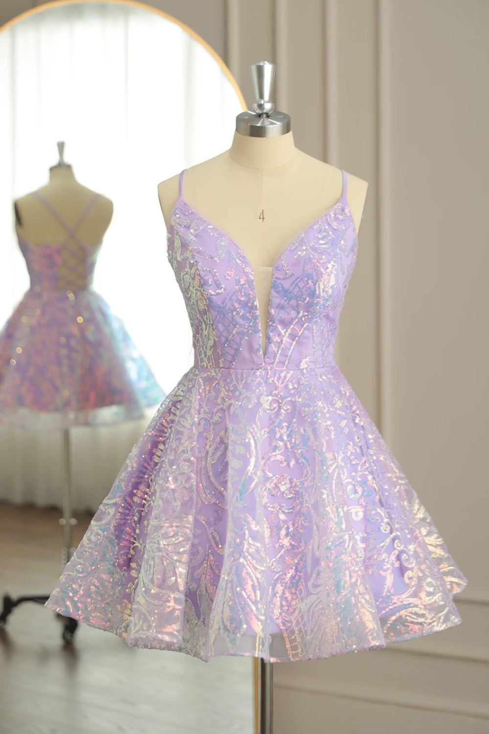 Plunge Neck Lavender Sparkle Sequin Short Dress