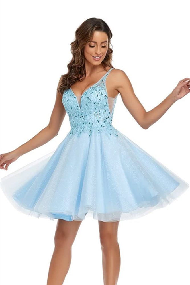 
                      
                        Plunge Neck Light Blue Appliques A-line Short Dress
                      
                    