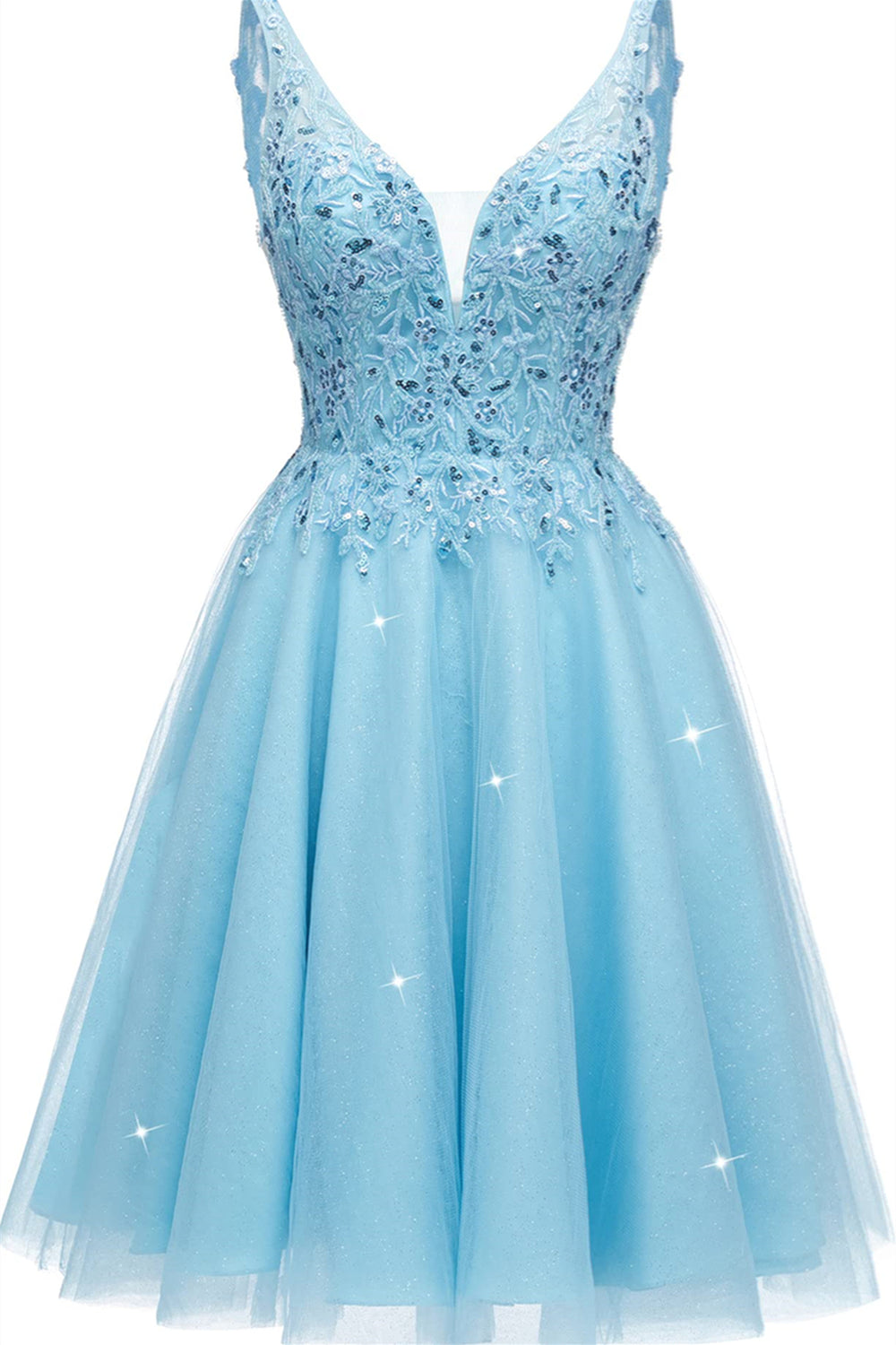 Plunge Neck Light Blue Appliques A-line Short Dress