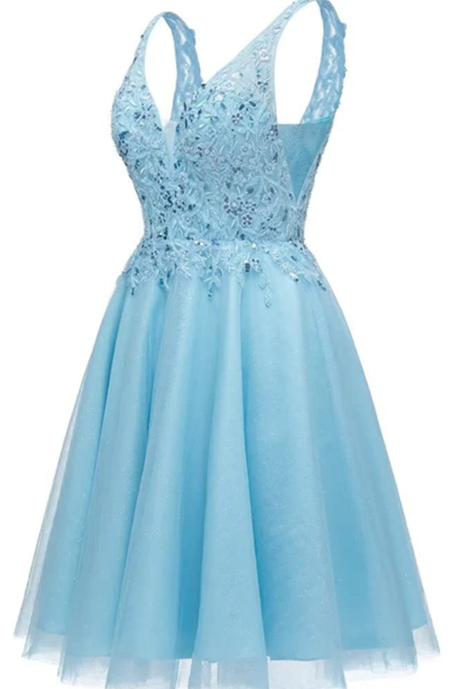 
                      
                        Plunge Neck Light Blue Appliques A-line Short Dress
                      
                    