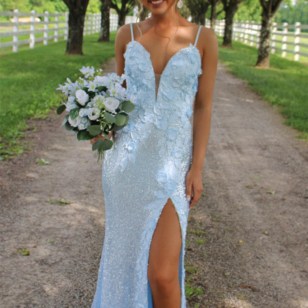 Plunge Neck Light Blue Sequin Mermaid Long Dress – PollyBoutique