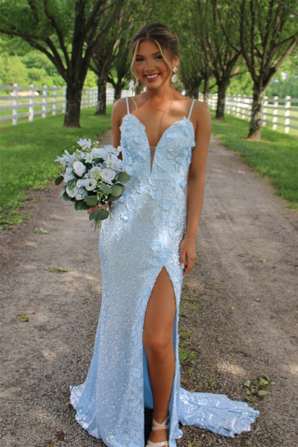 Plunge Neck Light Blue Sequin Mermaid Long Dress