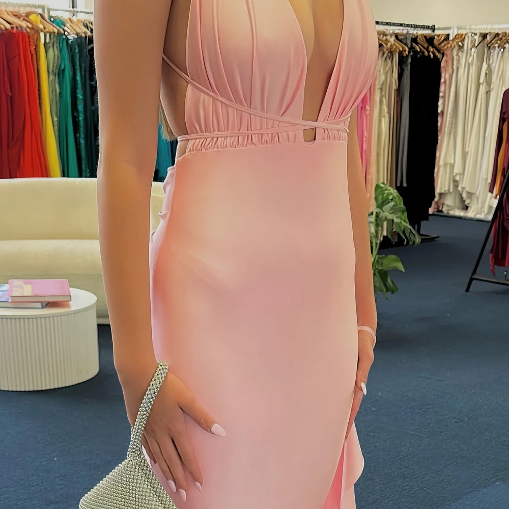 
                      
                        Plunge Neck Light Pink Ruches Mermaid Long Dress
                      
                    