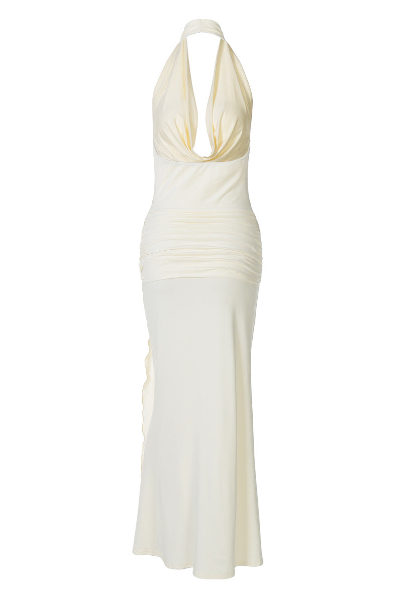 Plunge Neck Light Yellow Side Twist Long Dress