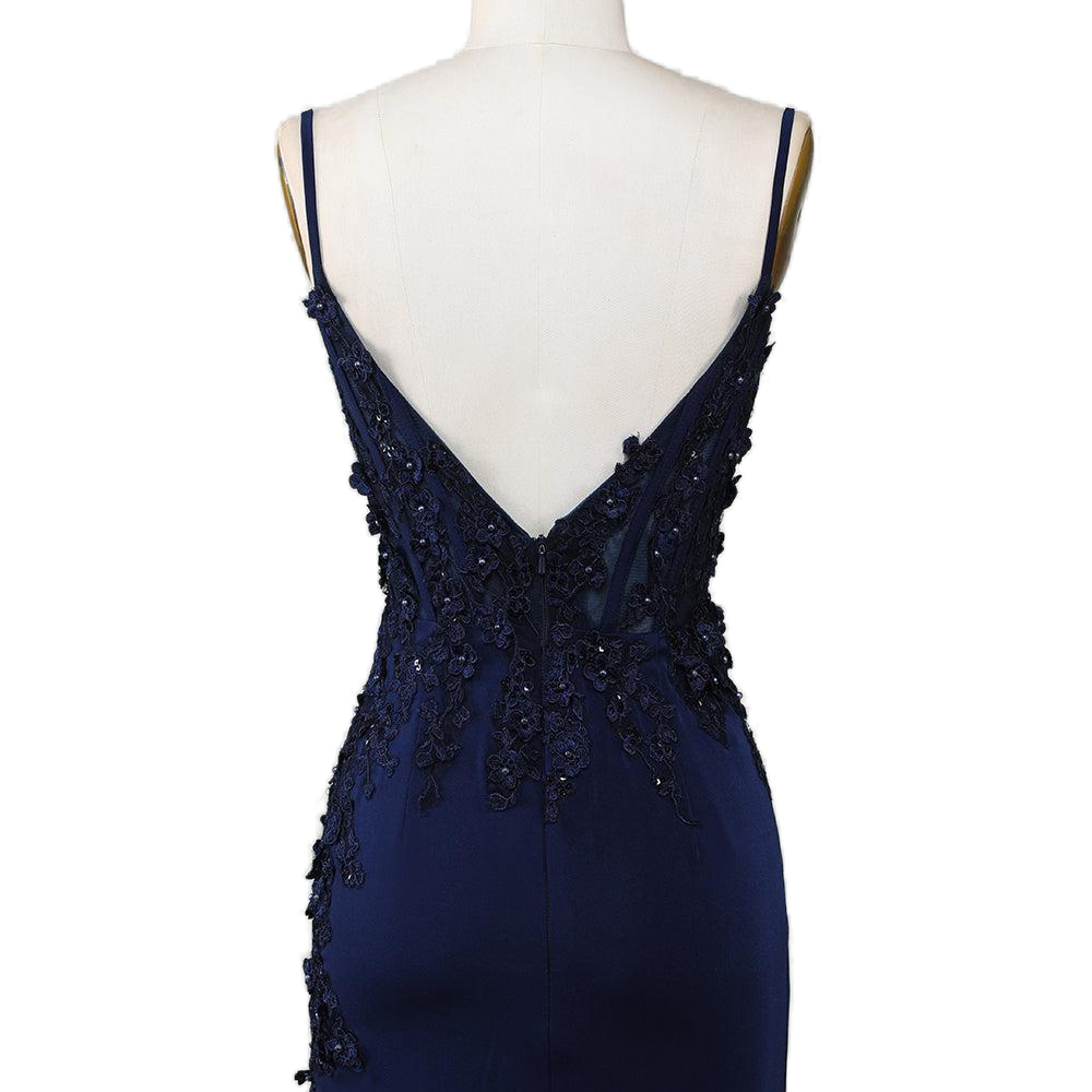 
                      
                        Plunge Neck Navy Blue Appliques Bodycon Short Dress
                      
                    