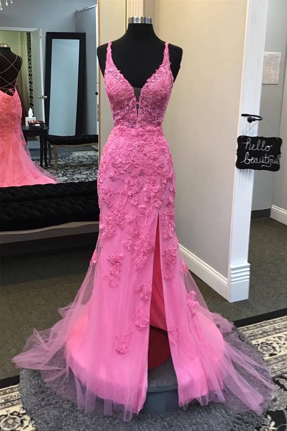 Plunge Neck Pink Appliques Long Dress with Slit