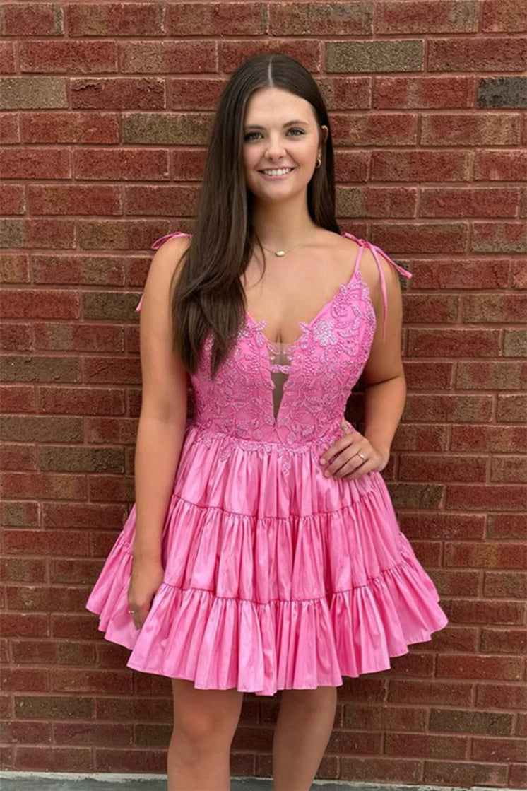 Plunge Neck Pink Appliques Ruffled Short Dress