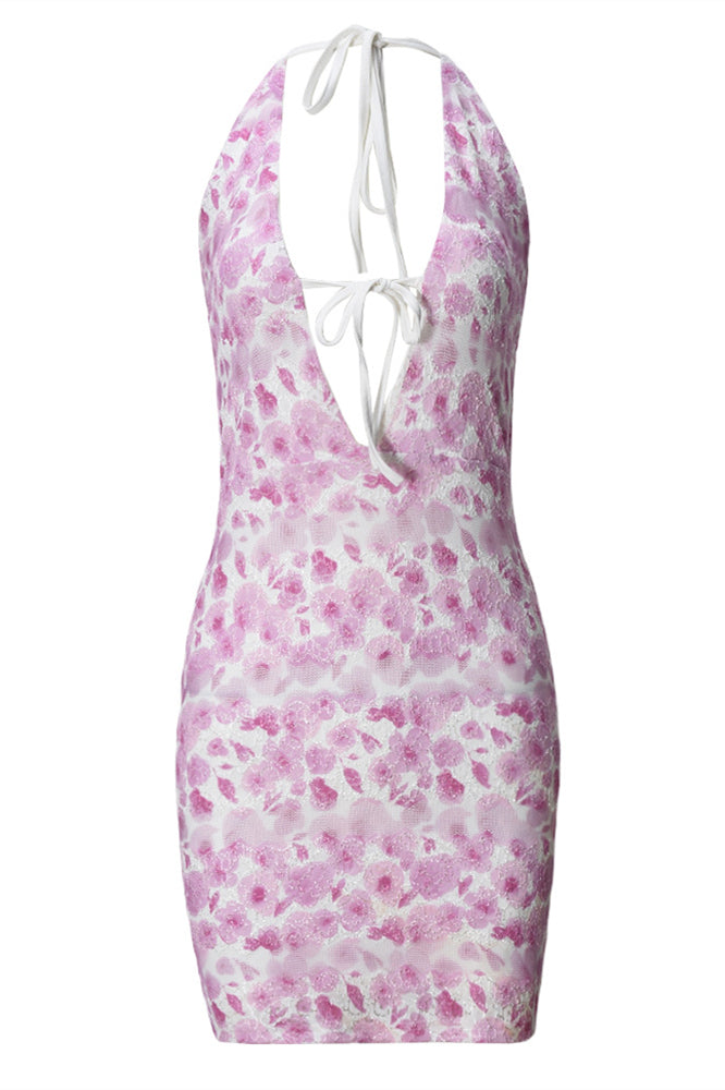Plunge Neck Pink Floral Print Bodycon Short Dress