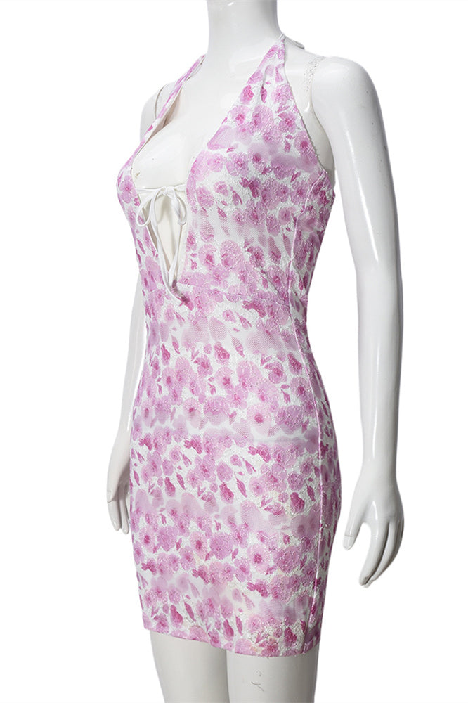 
                      
                        Plunge Neck Pink Floral Print Bodycon Short Dress
                      
                    