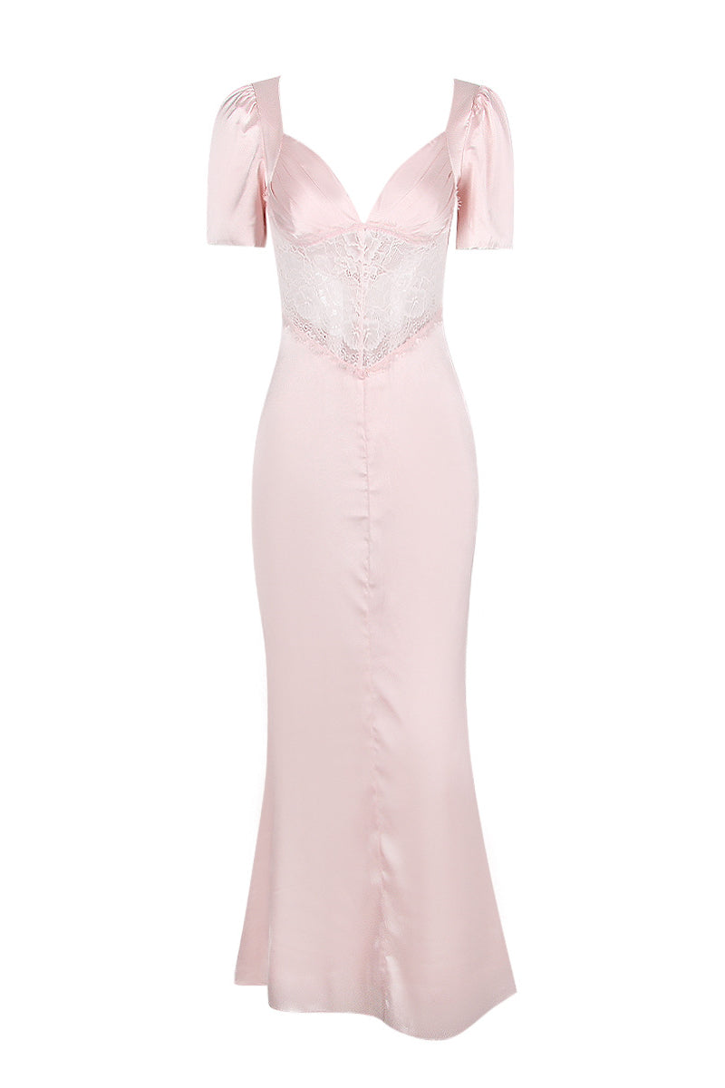 Plunge Neck Pink Lace Splicing Long Dress