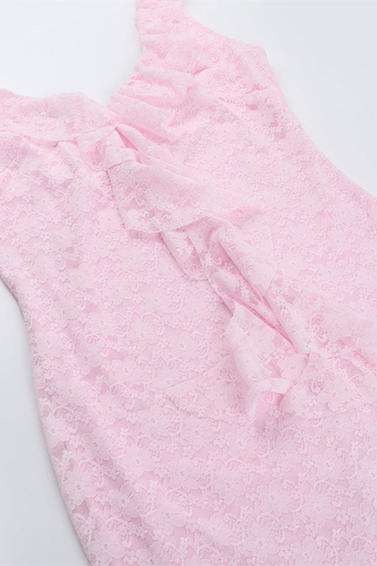 
                      
                        Plunge Neck Pink Ruffled Hem Lace Short Dress
                      
                    