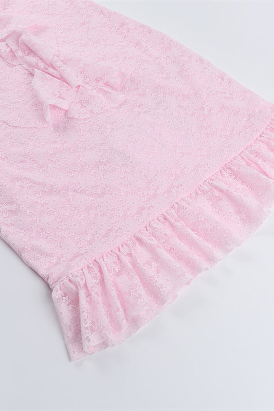 
                      
                        Plunge Neck Pink Ruffled Hem Lace Short Dress
                      
                    