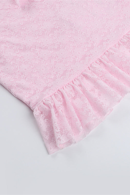 
                      
                        Plunge Neck Pink Ruffled Hem Lace Short Dress
                      
                    