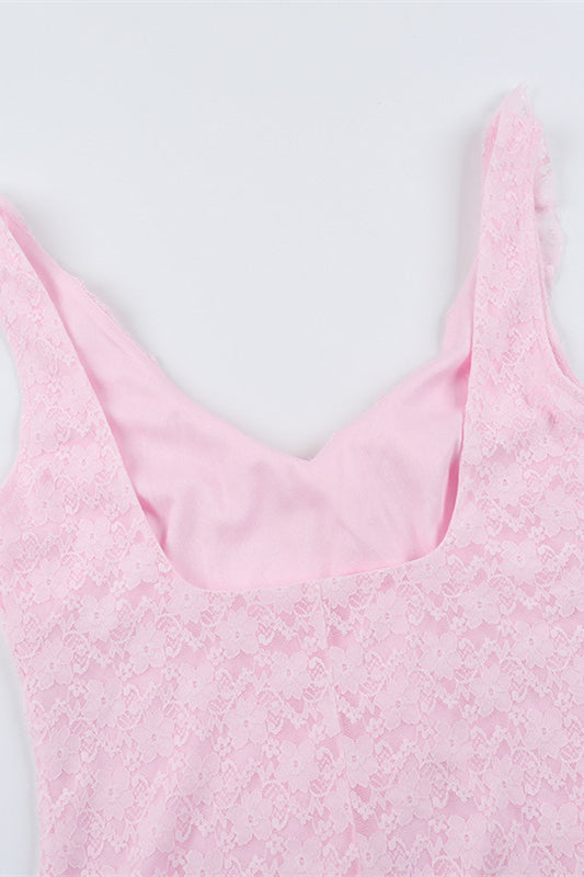 
                      
                        Plunge Neck Pink Ruffled Hem Lace Short Dress
                      
                    