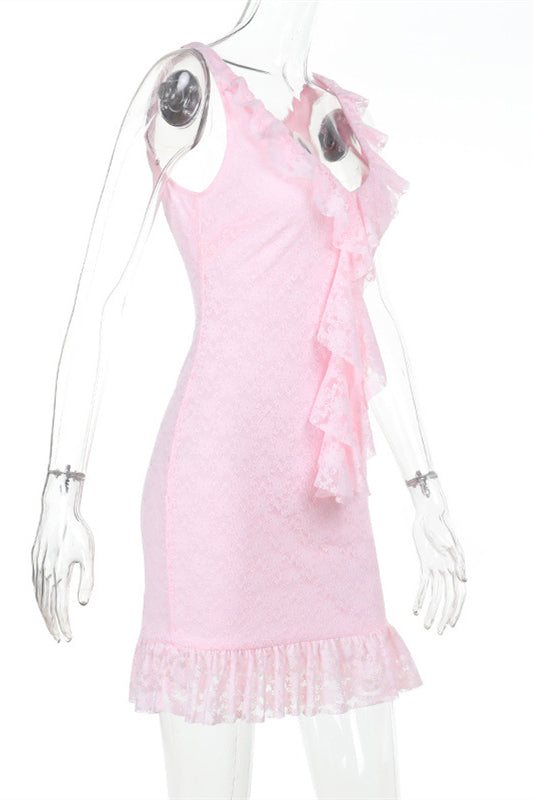 
                      
                        Plunge Neck Pink Ruffled Hem Lace Short Dress
                      
                    