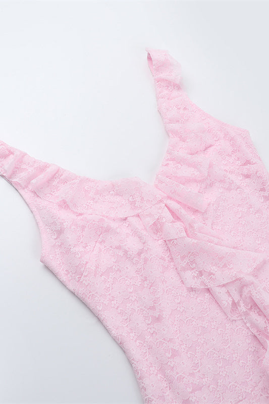 
                      
                        Plunge Neck Pink Ruffled Hem Lace Short Dress
                      
                    