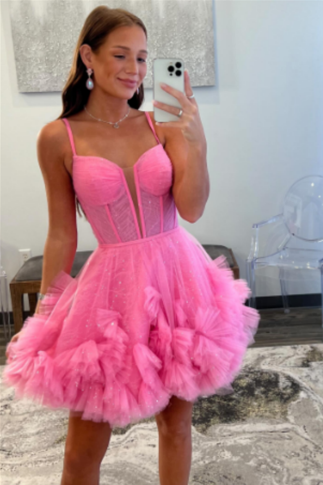 
                      
                        Plunge Neck Hot Pink Ruffles A-line Short Dress
                      
                    