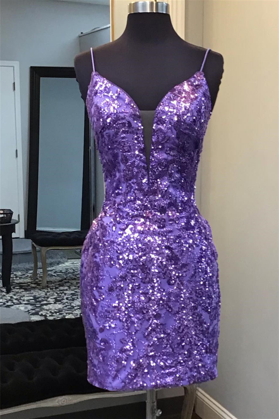 Plunge Neck Purple Sequin Tight Short Dress