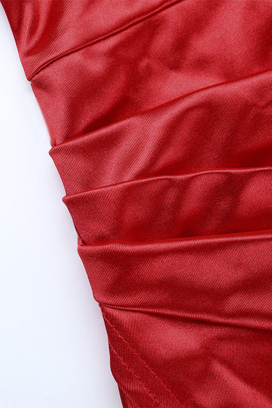 
                      
                        Plunge Neck Red Ruched Long Dress with Slit
                      
                    