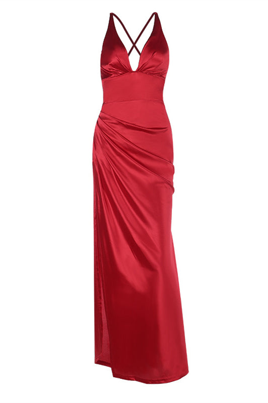 Plunge Neck Red Ruched Long Dress with Slit