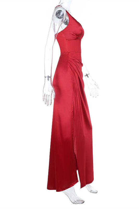 
                      
                        Plunge Neck Red Ruched Long Dress with Slit
                      
                    