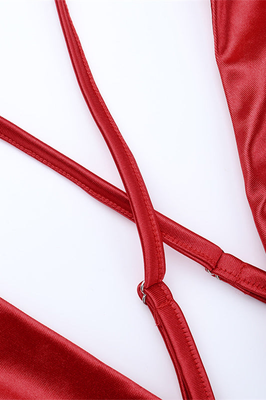 
                      
                        Plunge Neck Red Ruched Long Dress with Slit
                      
                    