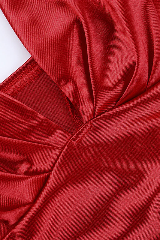 
                      
                        Plunge Neck Red Ruched Long Dress with Slit
                      
                    
