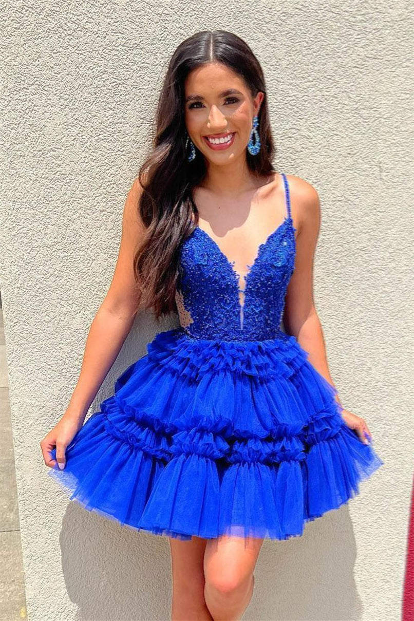 Plunge Neck Royal Blue Appliques Ruffle Short Dress