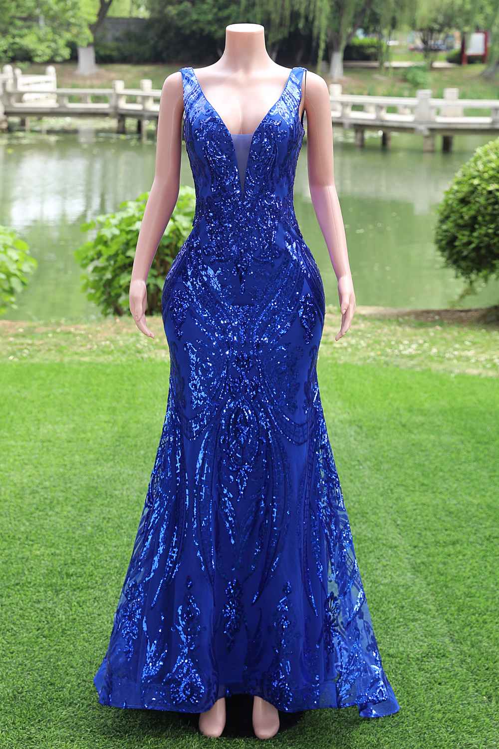 Plunge Neck Royal Blue Sequin Mermaid Long Dress