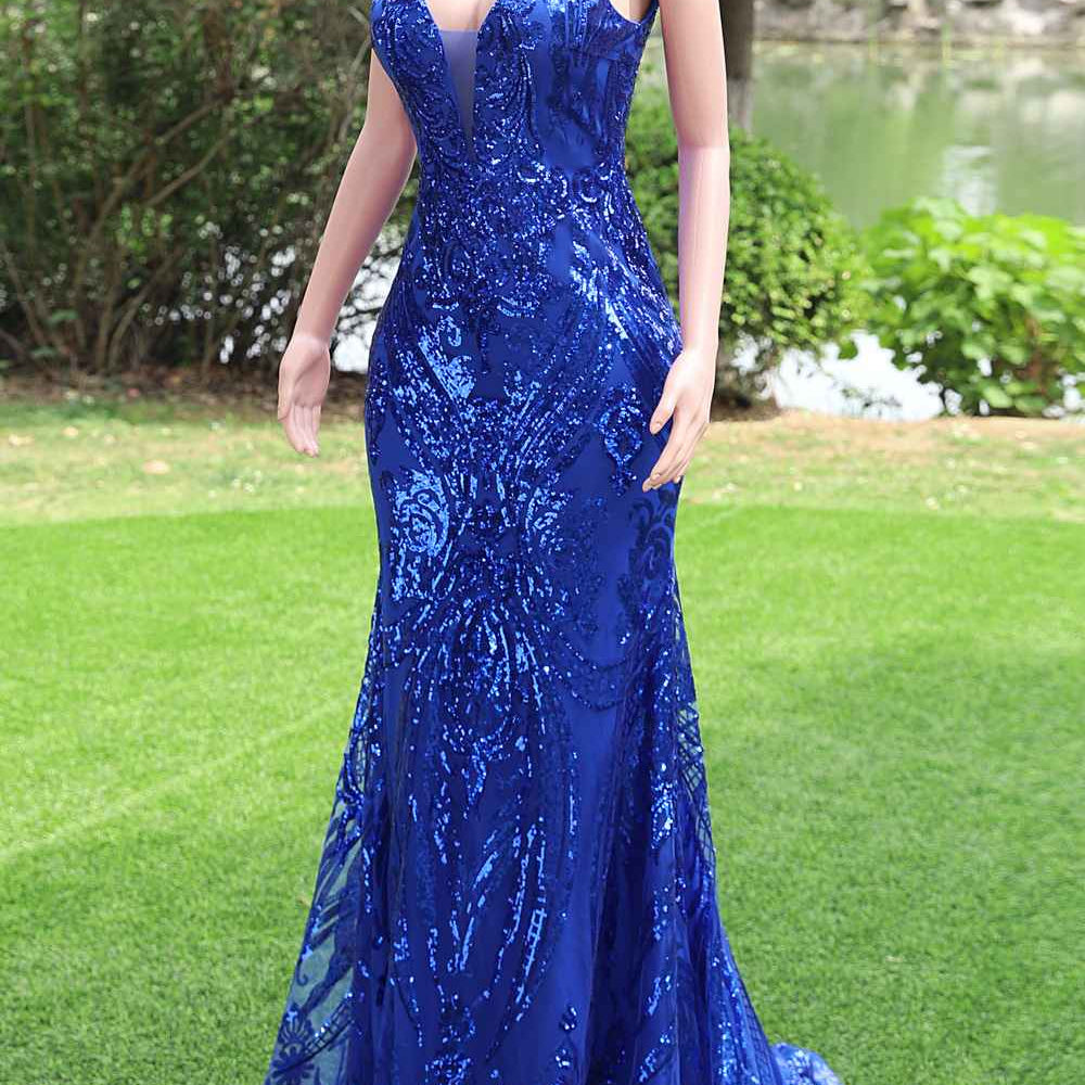 
                      
                        Plunge Neck Royal Blue Sequin Mermaid Long Dress
                      
                    