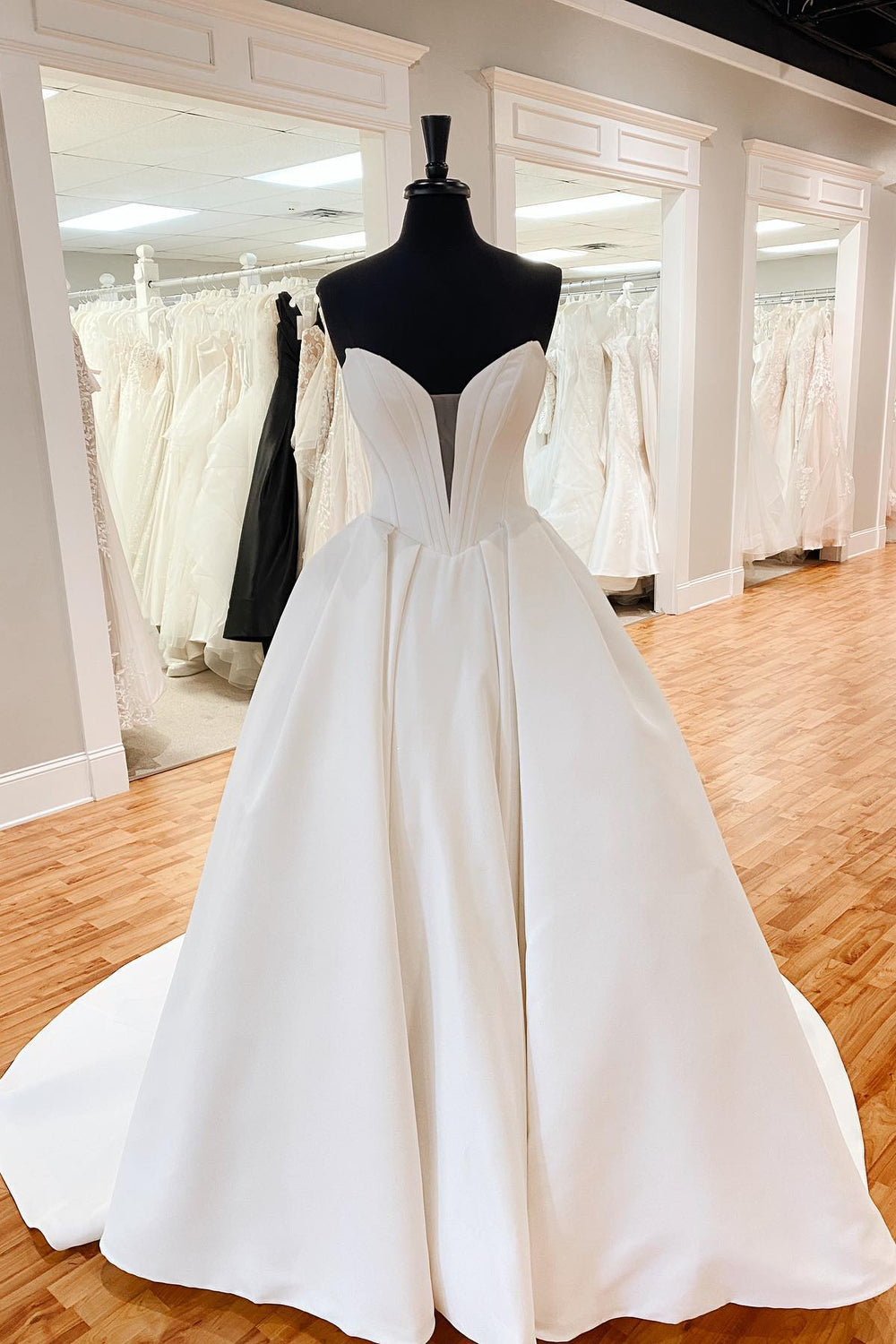 Plunge Neck White A-line Wedding Dress