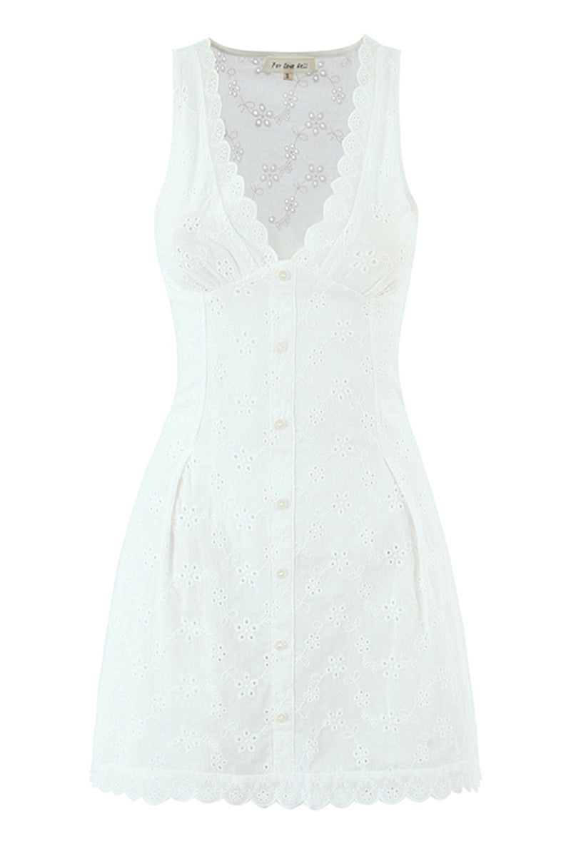 Plunge Neck White Embroidery A-line Short Dress