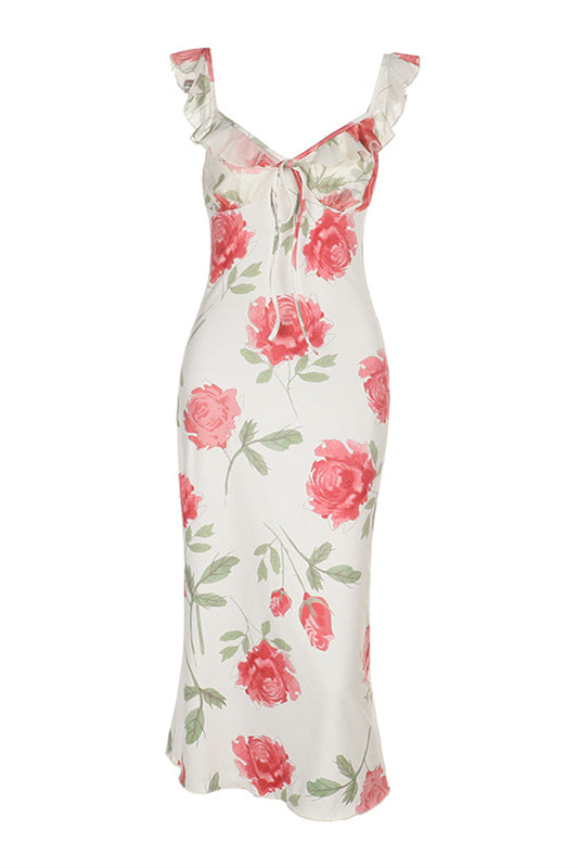 Plunge Neck White Floral Print Sheath Maxi Dress