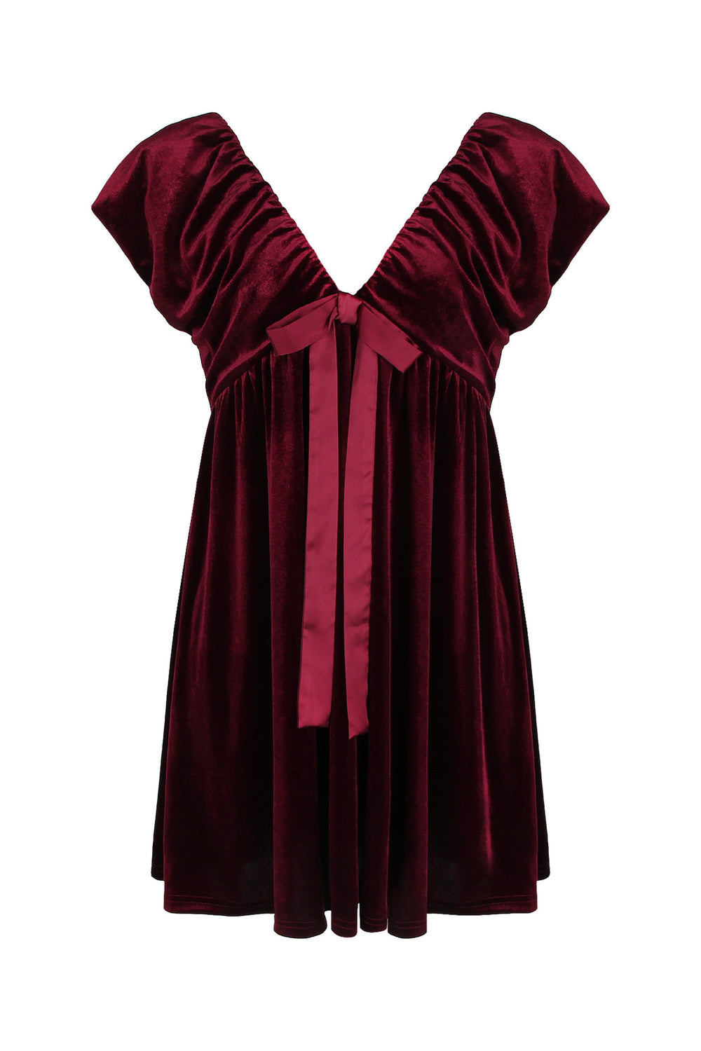 Plunge Neck Wine Red Bow Front Velvet Short Dress