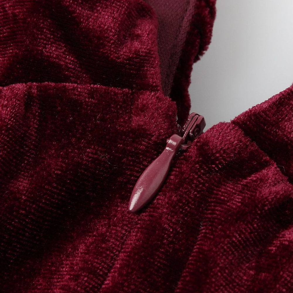 
                      
                        Plunge Neck Wine Red Bow Front Velvet Short Dress
                      
                    