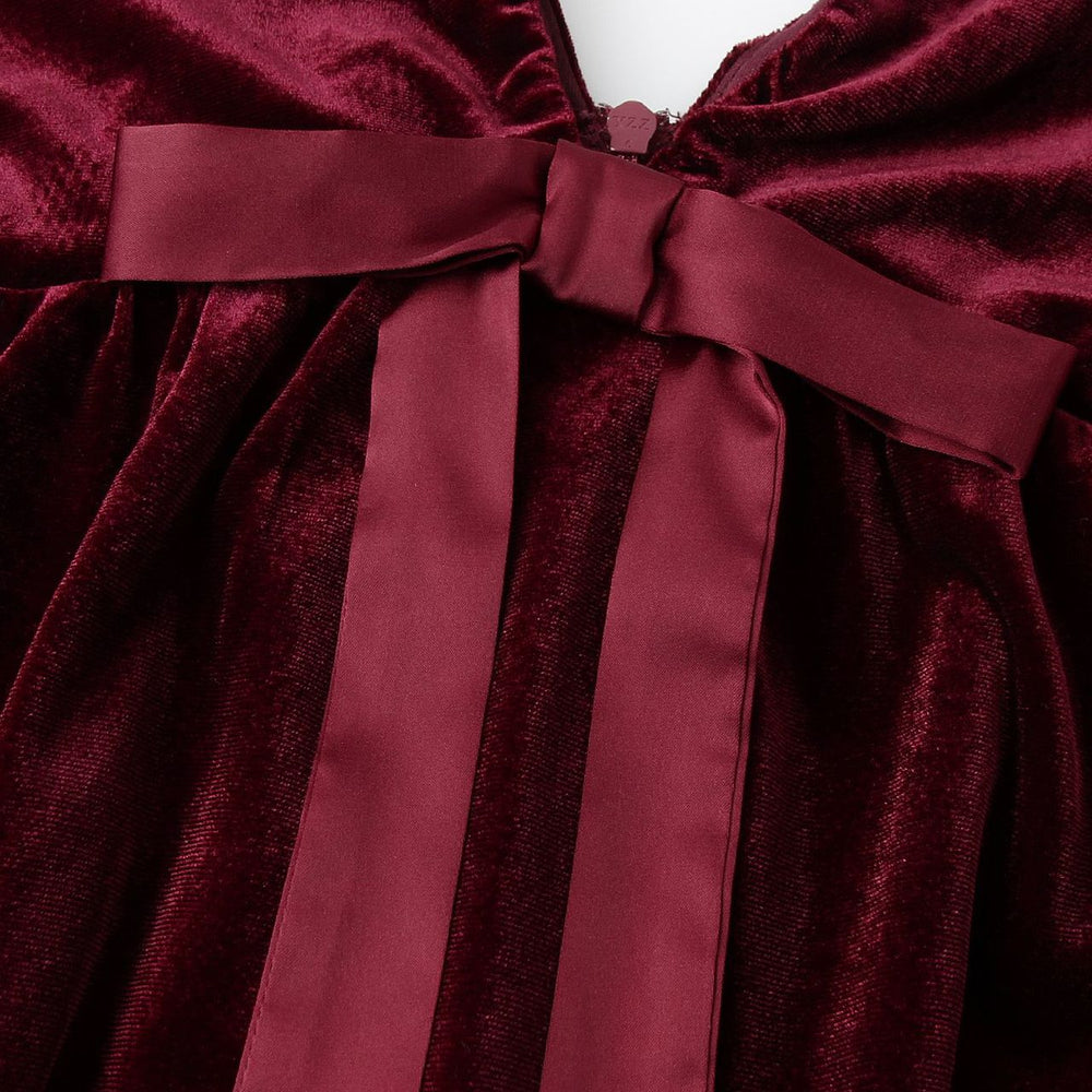
                      
                        Plunge Neck Wine Red Bow Front Velvet Short Dress
                      
                    