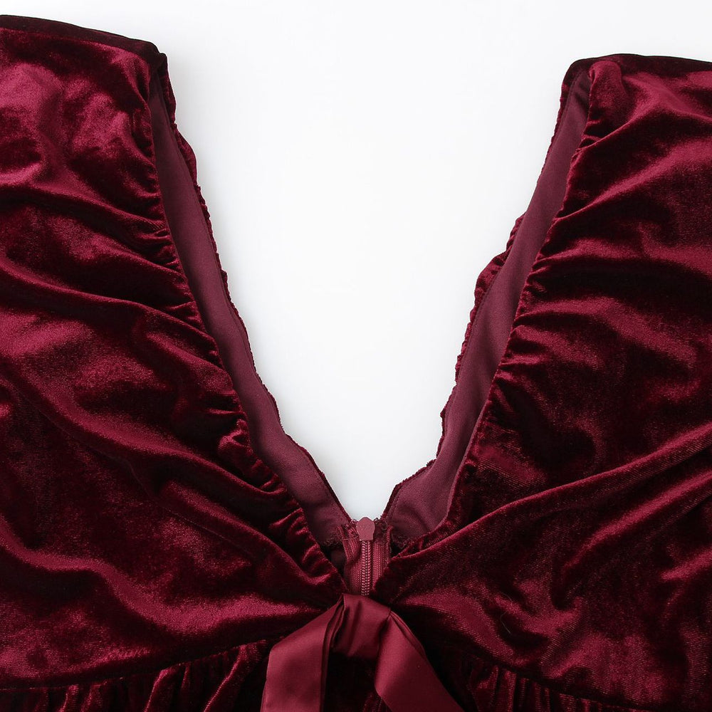 
                      
                        Plunge Neck Wine Red Bow Front Velvet Short Dress
                      
                    