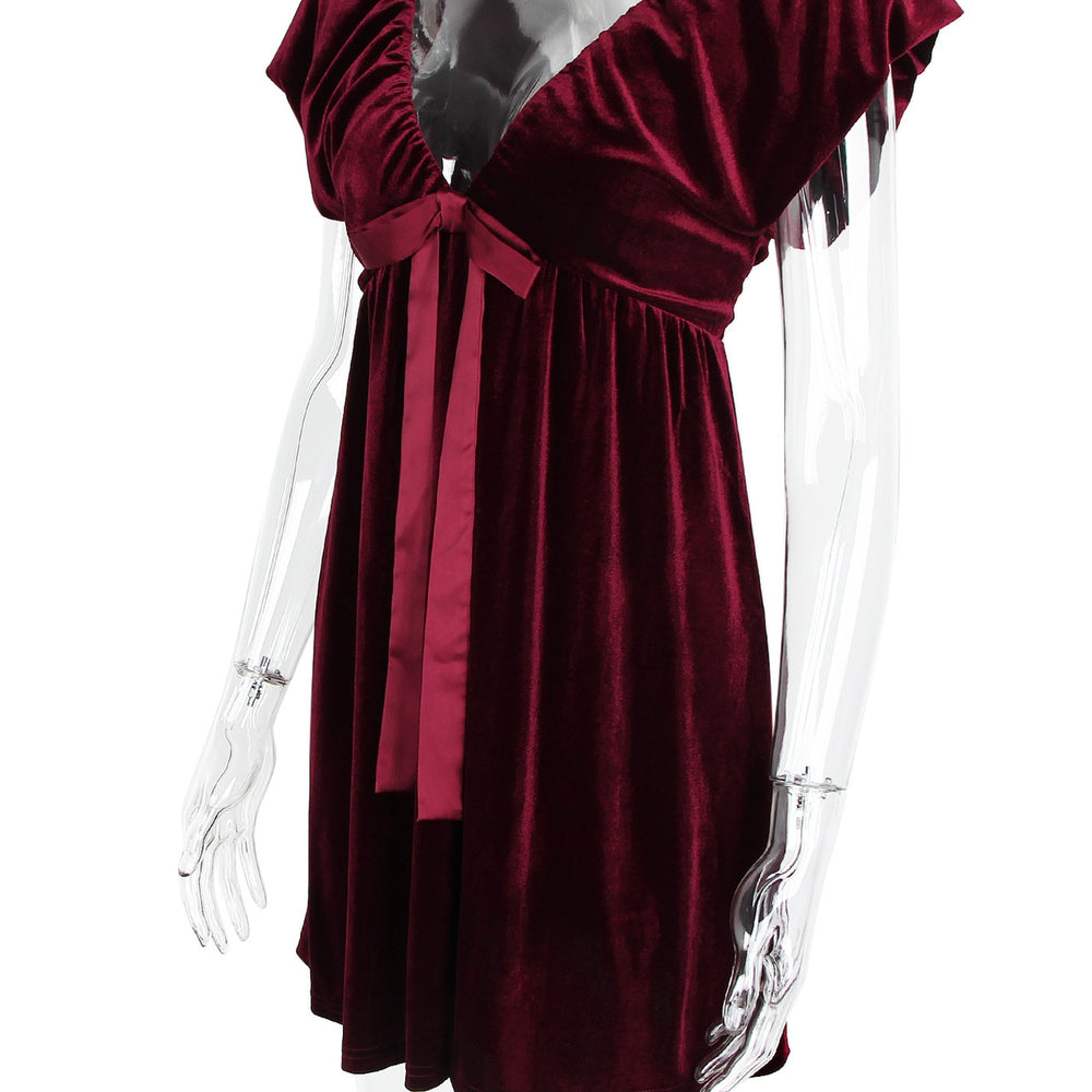 
                      
                        Plunge Neck Wine Red Bow Front Velvet Short Dress
                      
                    