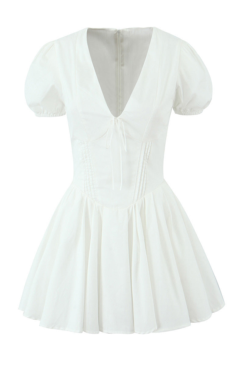 Plunge V-neck White Ruched Short Summer Dress