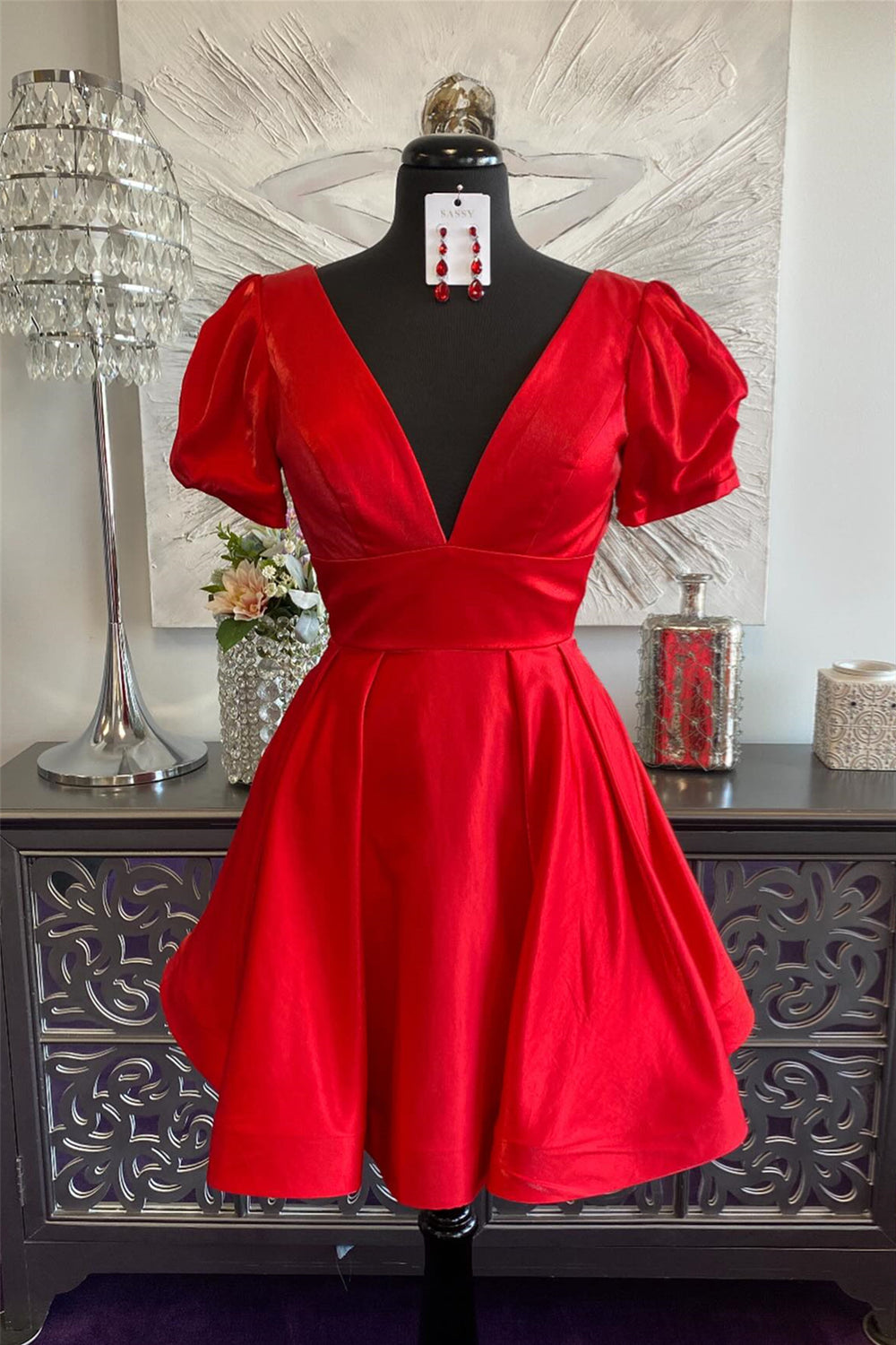 Plunge V Neck Red Short Dress with Puff Sleeves