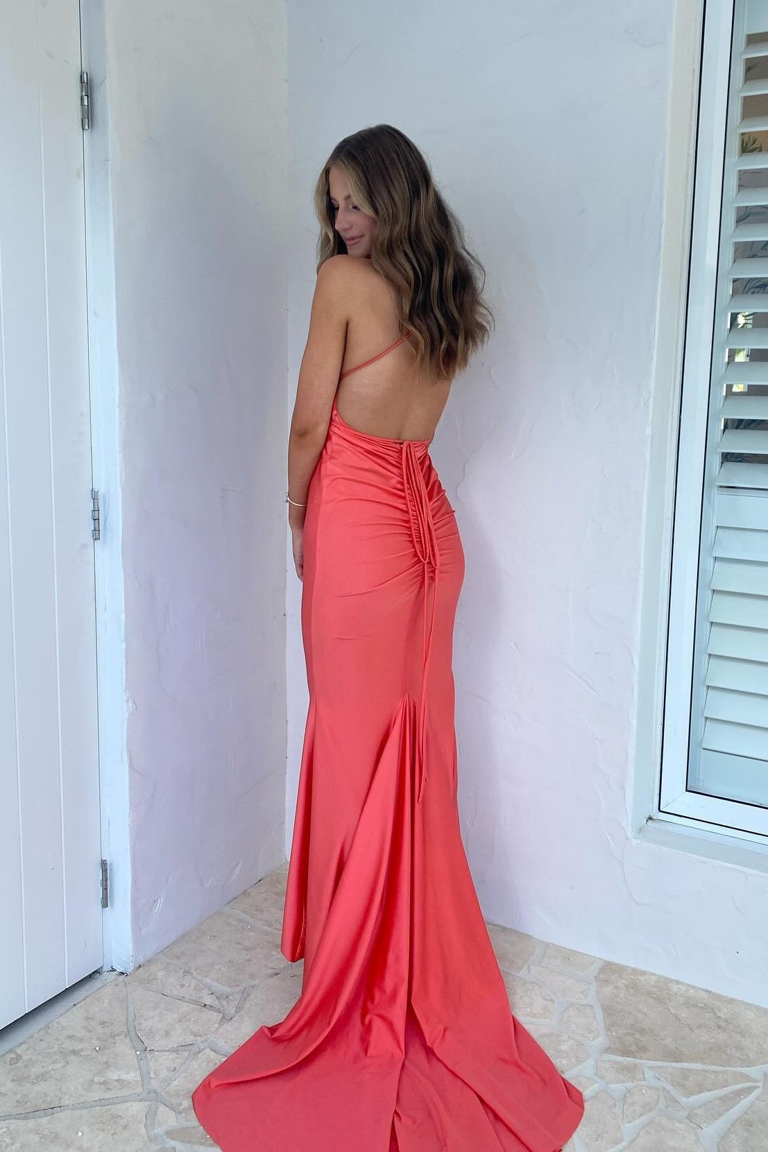 Plunge Neck Blue Open Back Mermaid Long Dress