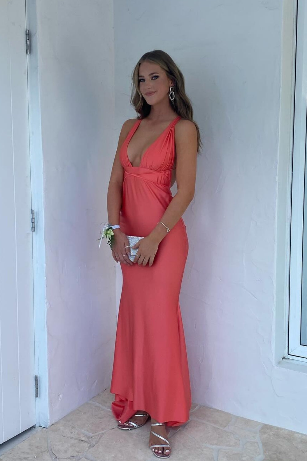 Plunge Neck Blue Open Back Mermaid Long Dress