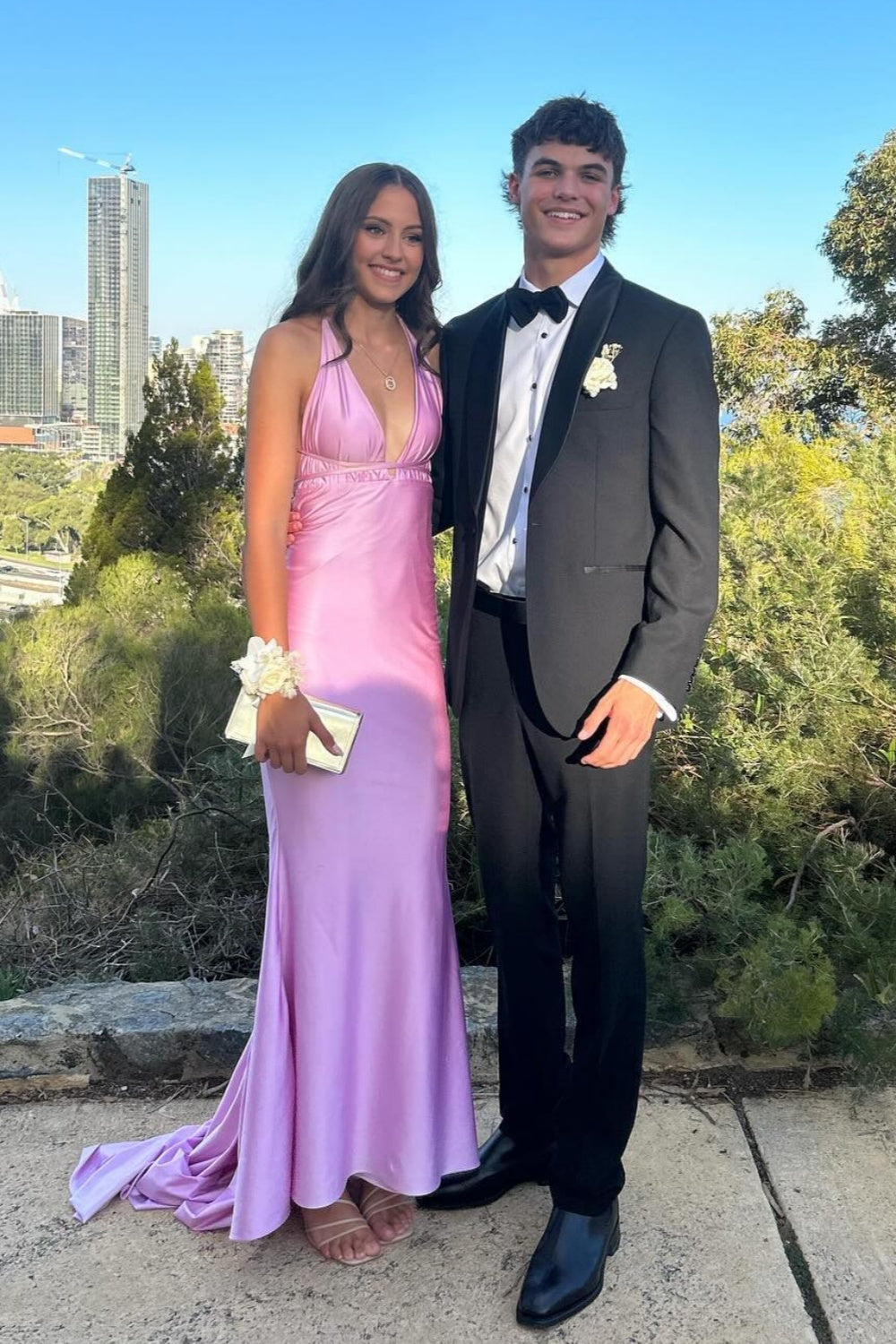 Plunge Neck Blue Open Back Mermaid Long Dress