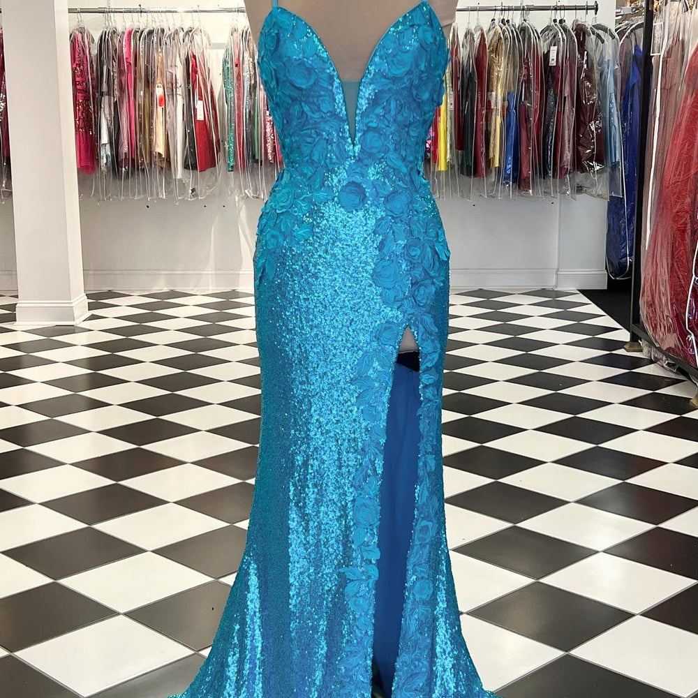 
                      
                        Plunge Neck Light Blue Sequin Mermaid Long Dress
                      
                    