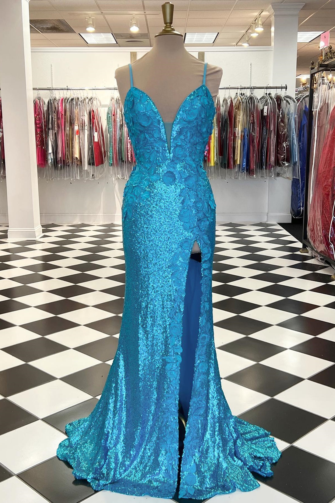Navy blue sequin lace straight cut neckline mermaid dress