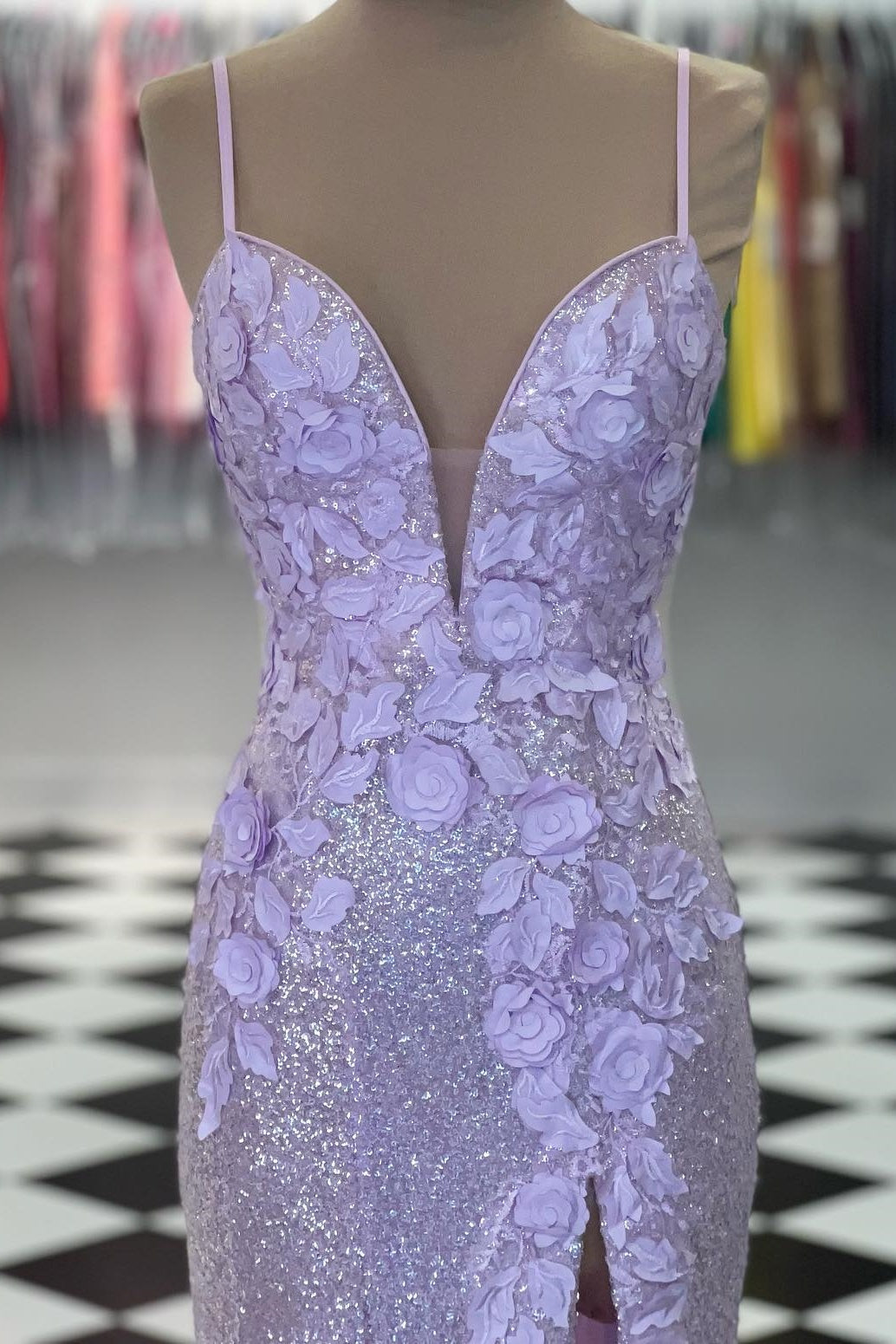 Plunge Neck Light Blue Sequin Mermaid Long Dress