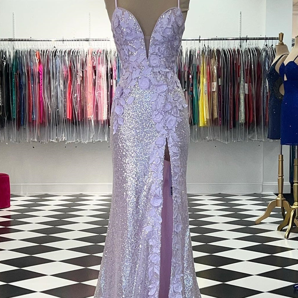 
                      
                        Plunge Neck Light Blue Sequin Mermaid Long Dress
                      
                    