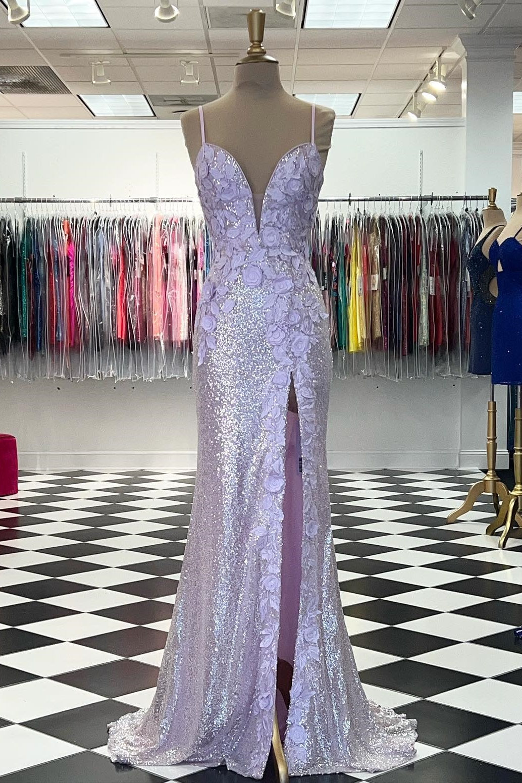 Plunge Neck Light Blue Sequin Mermaid Long Dress