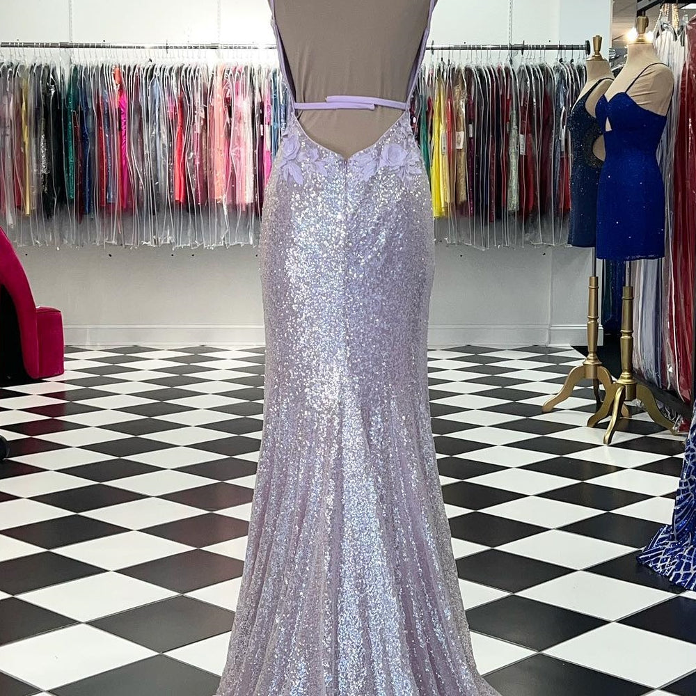 
                      
                        Plunge Neck Light Blue Sequin Mermaid Long Dress
                      
                    