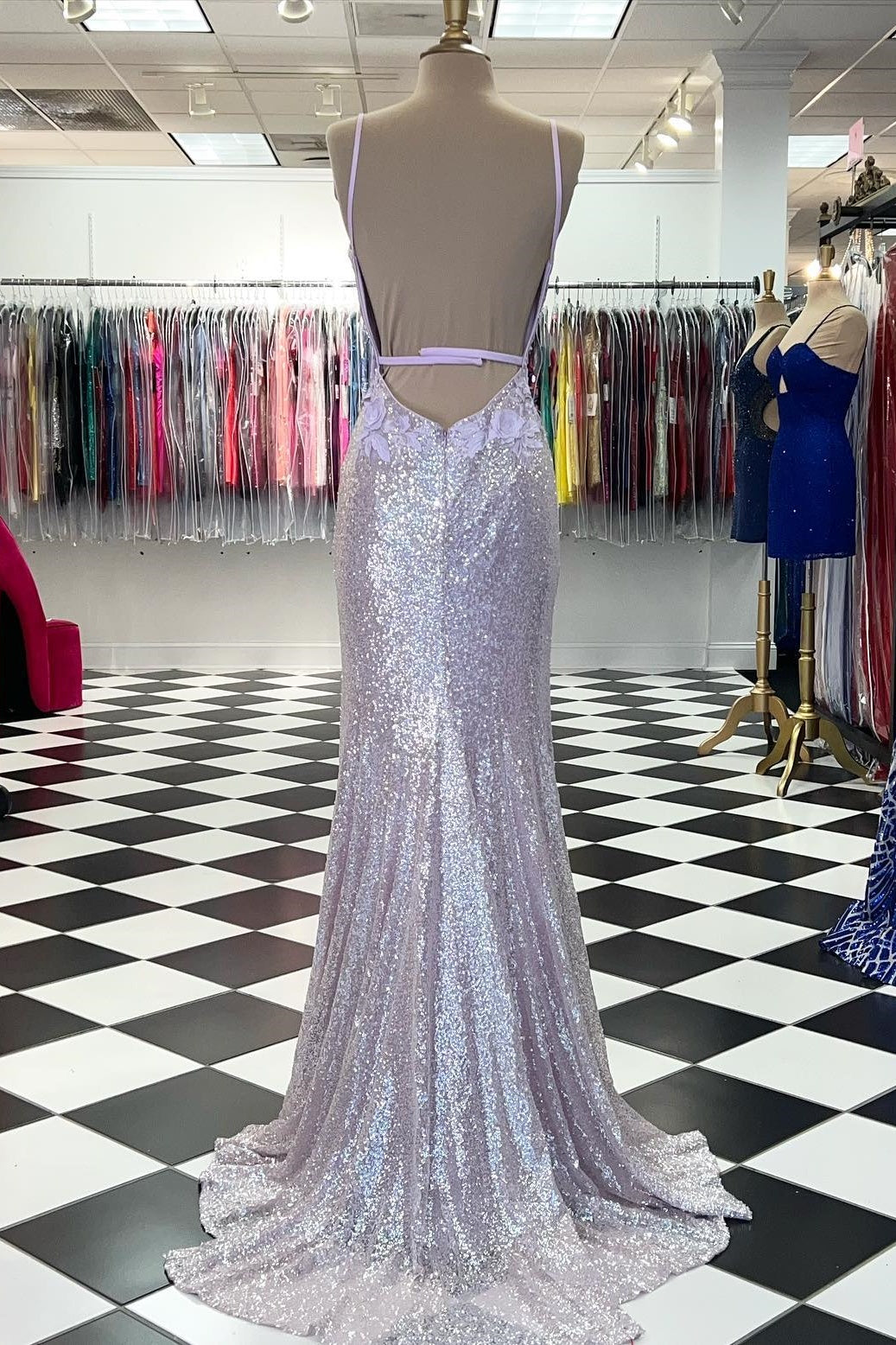 Plunge Neck Light Blue Sequin Mermaid Long Dress
